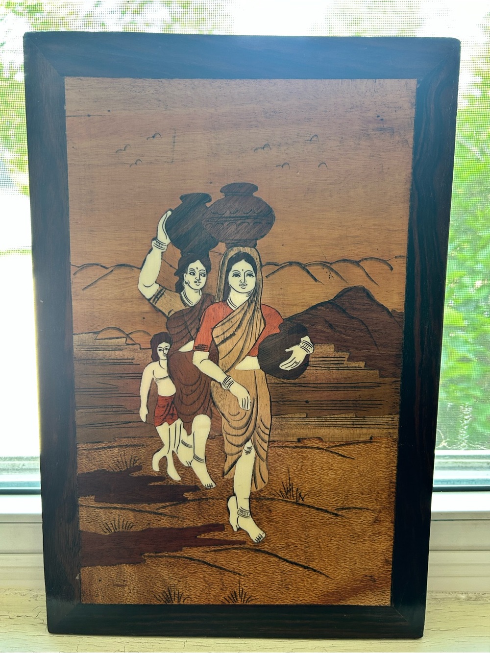 Vintage Indian Rosewood Inlaid Wooden Art - Women/Child W/Jugs - NICE